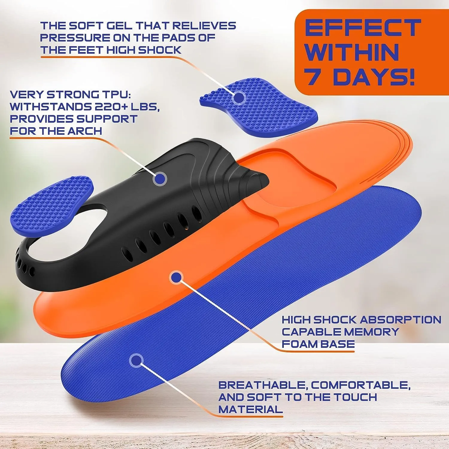 220  lbs Heavy Duty Support Plantar Fasciitis Insoles Arch Support Orthotic Inserts Insoles for Big & Tall Men Women, Work Boot Shoe Insole (Indigo, M)