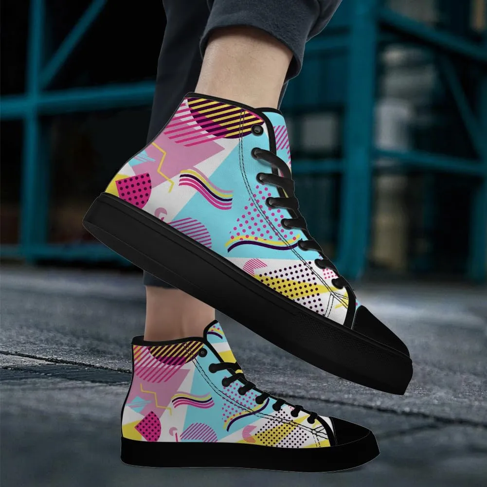 80s High Top Canvas Shoes for Men Women Retro Geometric High Top Sneakers Lace Up Casual Shoes Gifts for Boyfriend Girlfriend
