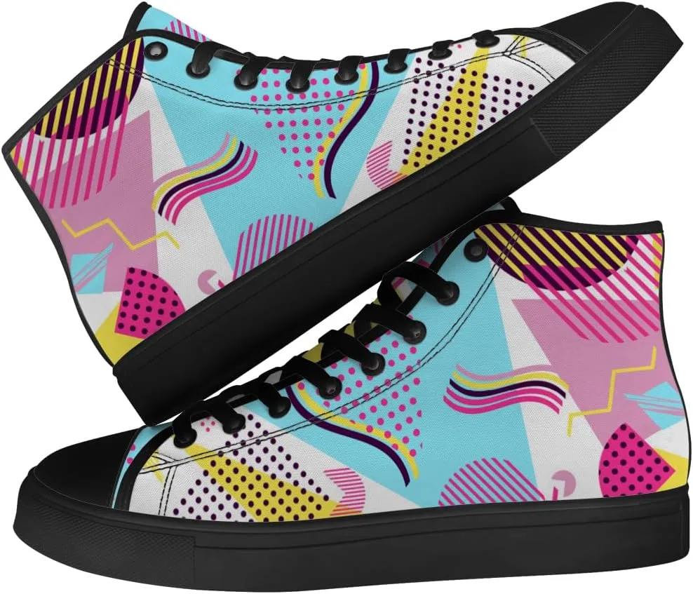 80s High Top Canvas Shoes for Men Women Retro Geometric High Top Sneakers Lace Up Casual Shoes Gifts for Boyfriend Girlfriend