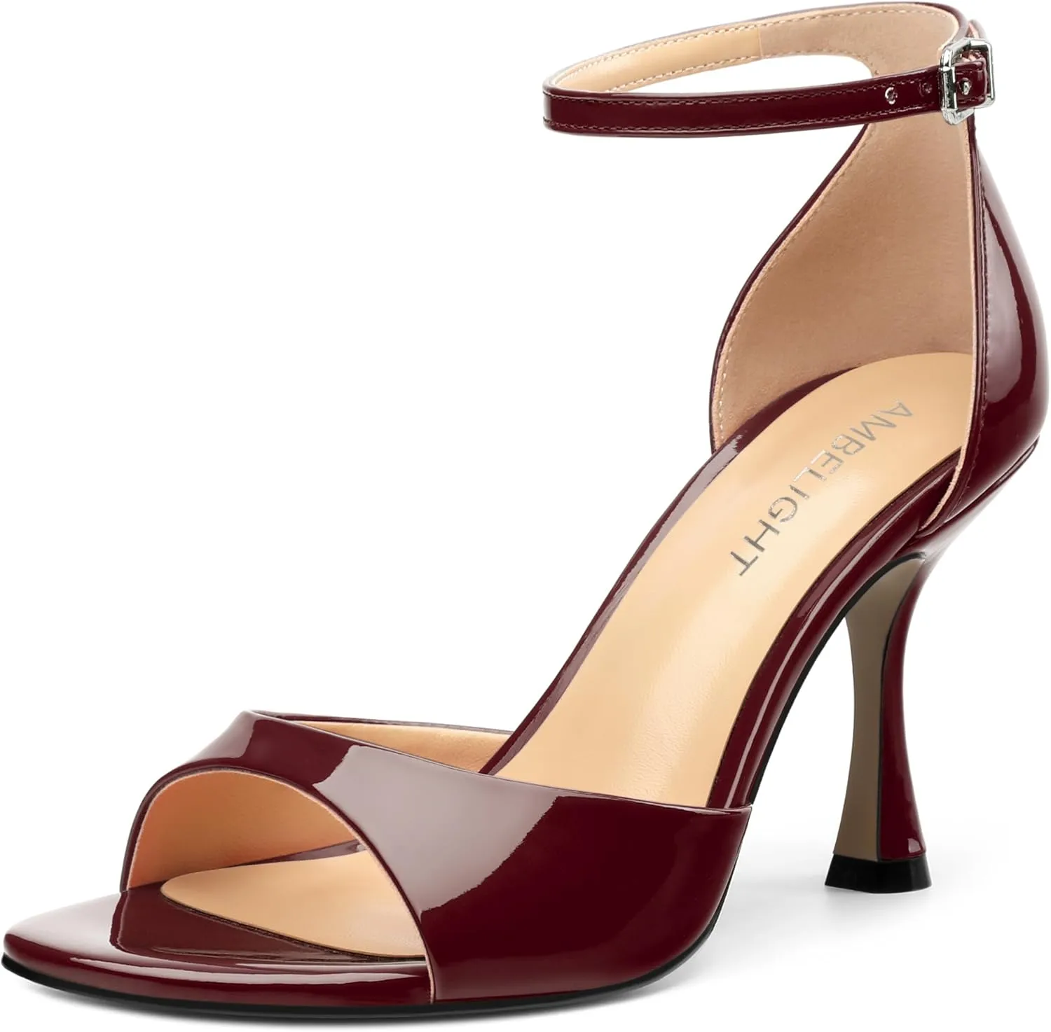 AMBELIGHT Women's Sexy Stiletto High Kitten Patent Heels Ankle Strap Buckle Round Peep Open Toe Sandals Elegant Dress Office Party Wedding Shoes For Women 3.5 Inch