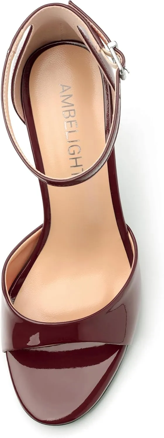 AMBELIGHT Women's Sexy Stiletto High Kitten Patent Heels Ankle Strap Buckle Round Peep Open Toe Sandals Elegant Dress Office Party Wedding Shoes For Women 3.5 Inch