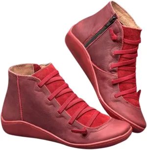 Ankle Booties for Women Flat Heel,Women’s Ankle Boots Fashion Lace Up Side Zip Vintage Booties Low Heel Arch Support