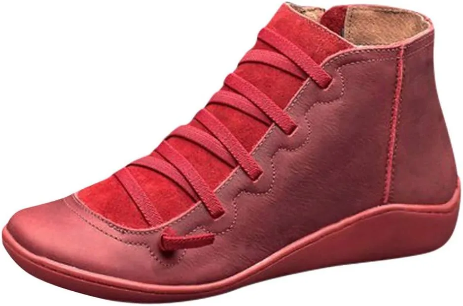 Ankle Booties for Women Flat Heel,Women’s Ankle Boots Fashion Lace Up Side Zip Vintage Booties Low Heel Arch Support