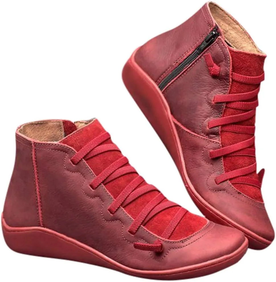 Ankle Booties for Women Flat Heel,Women’s Ankle Boots Fashion Lace Up Side Zip Vintage Booties Low Heel Arch Support