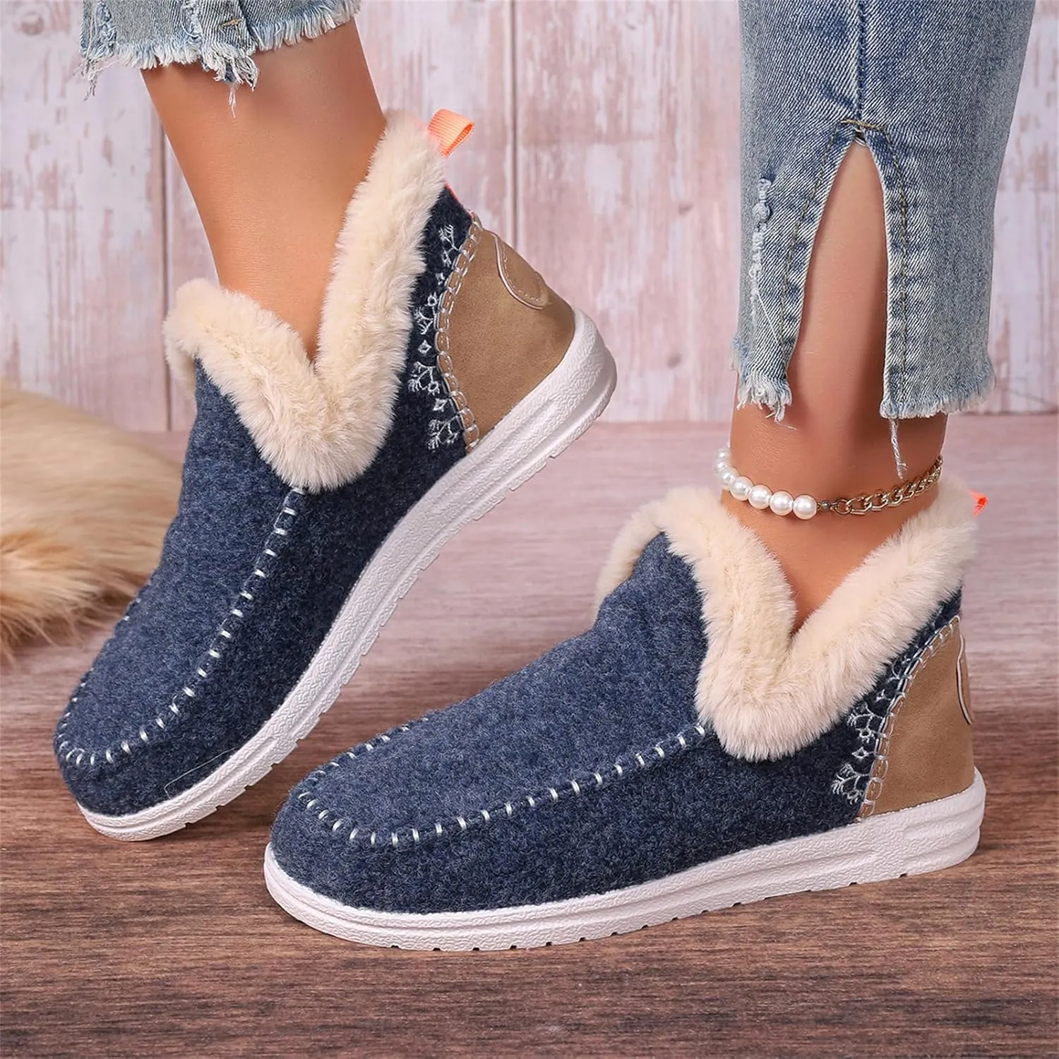 Ankle Boots For Women Comfy Snow Boots Winter Shoes Fur Lined Warm Slip On Comfortable Outdoor Walking Loafers Shoes