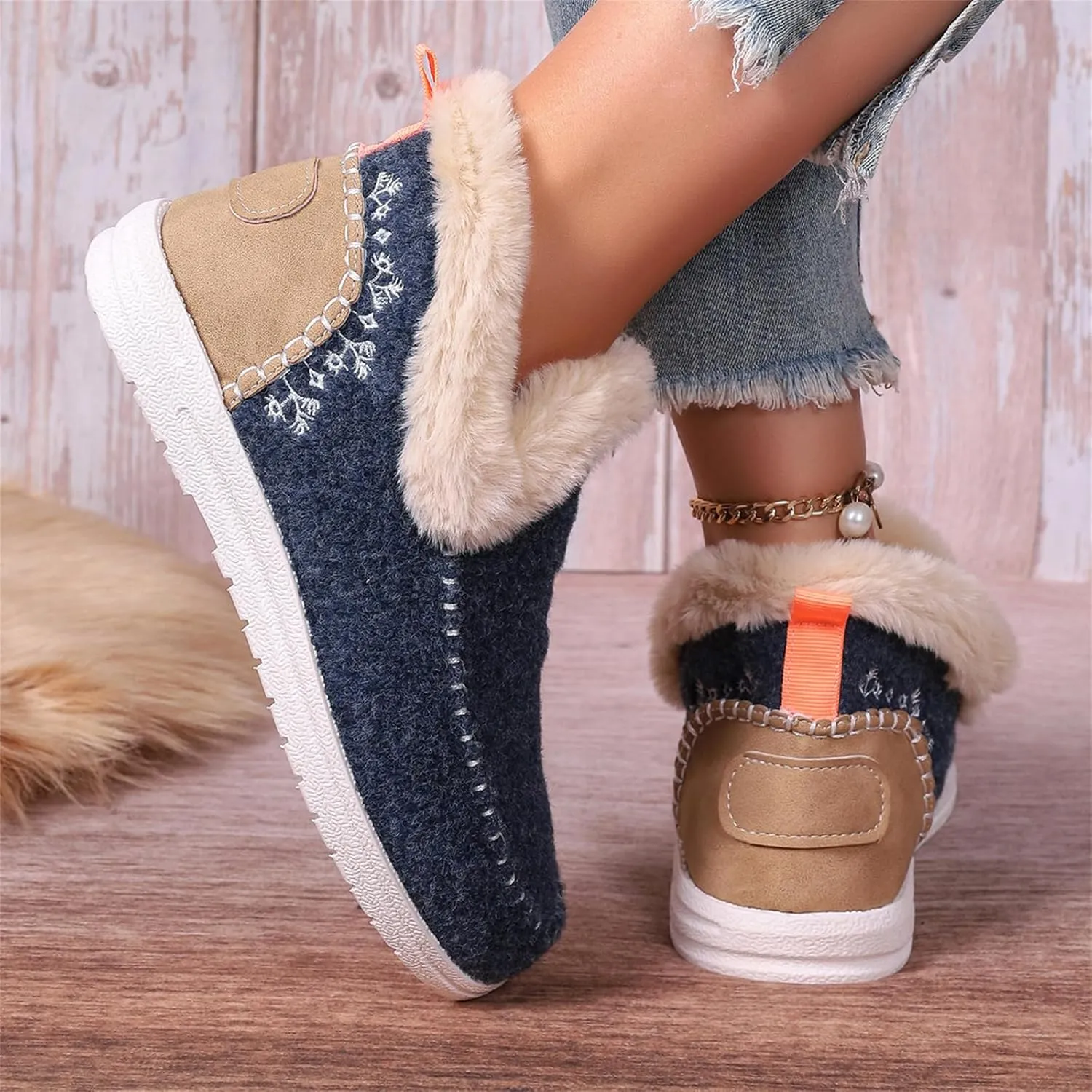 Ankle Boots For Women Comfy Snow Boots Winter Shoes Fur Lined Warm Slip On Comfortable Outdoor Walking Loafers Shoes
