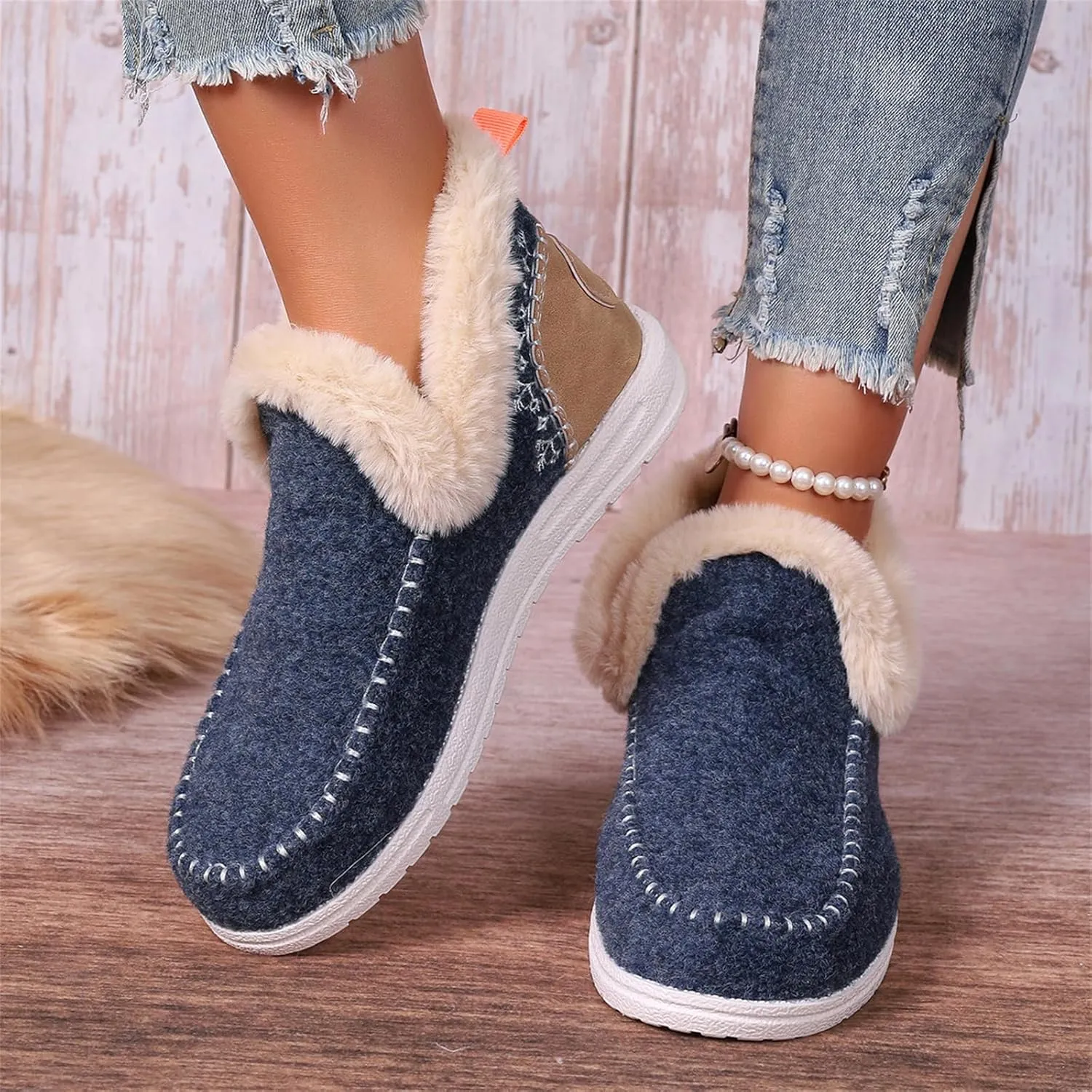 Ankle Boots For Women Comfy Snow Boots Winter Shoes Fur Lined Warm Slip On Comfortable Outdoor Walking Loafers Shoes