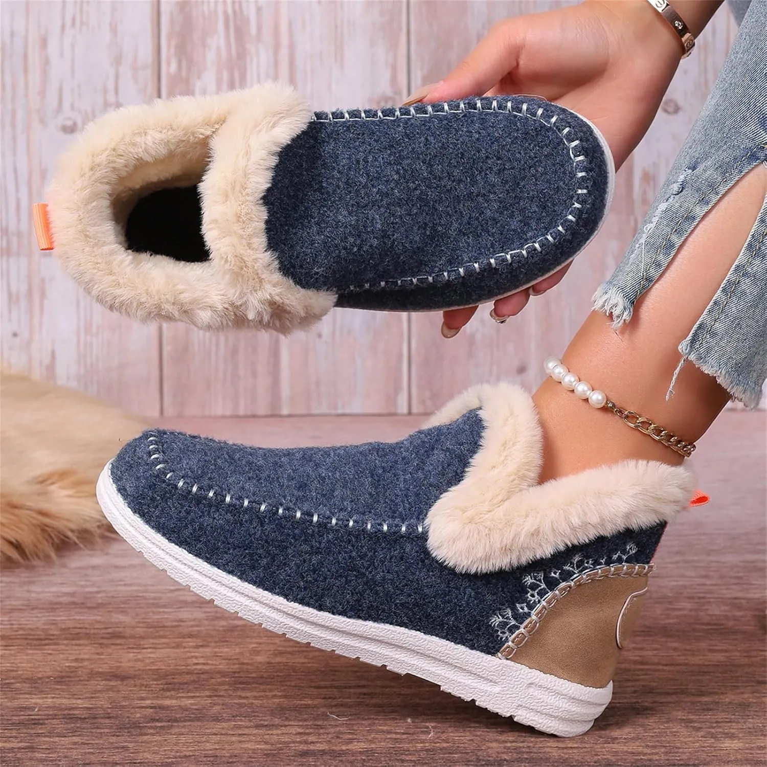 Ankle Boots For Women Comfy Snow Boots Winter Shoes Fur Lined Warm Slip On Comfortable Outdoor Walking Loafers Shoes