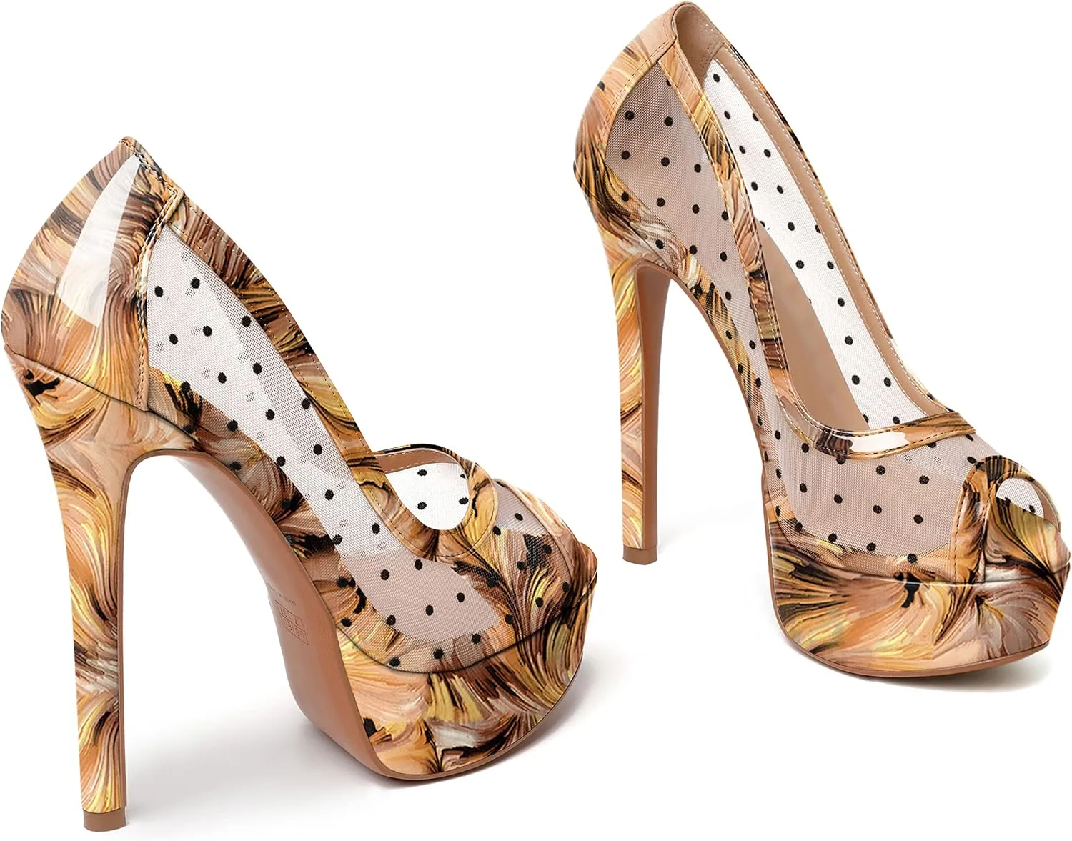 AUMOTED Women's Peep Toe High Heel Platform Stiletto Pumps Slip On Patent Mesh Polka Dot Heels 5.5" Party Wedding Dress Shoes