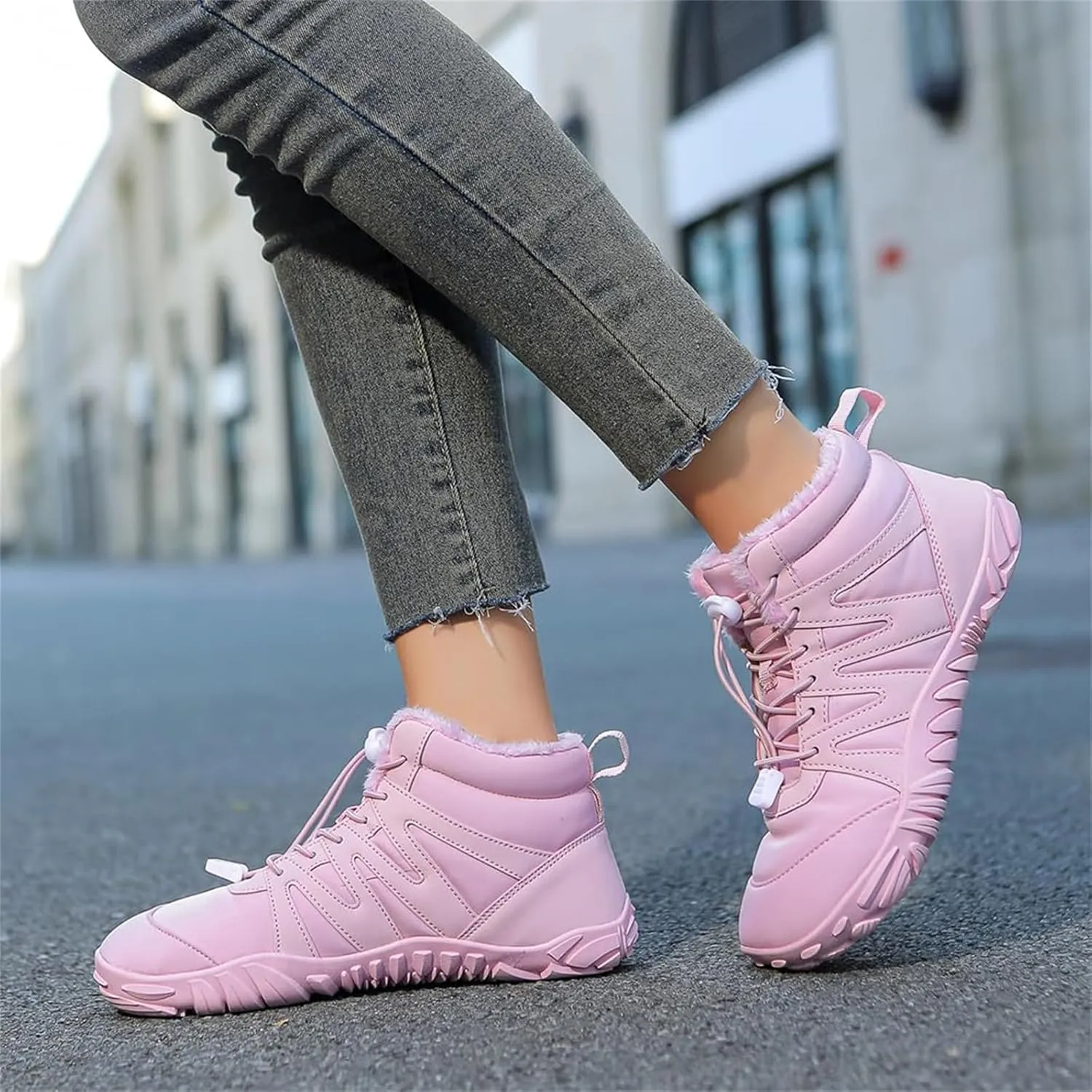 Barefoot Boots Women Waterproof Winter Snow Shoes for Hiking Wide Box Toe Slip On Walking Running Shoes Faux Fur Warm Snow Booties for Cold Weather Zero Drop Barefoot Footwear Trail Sneakers