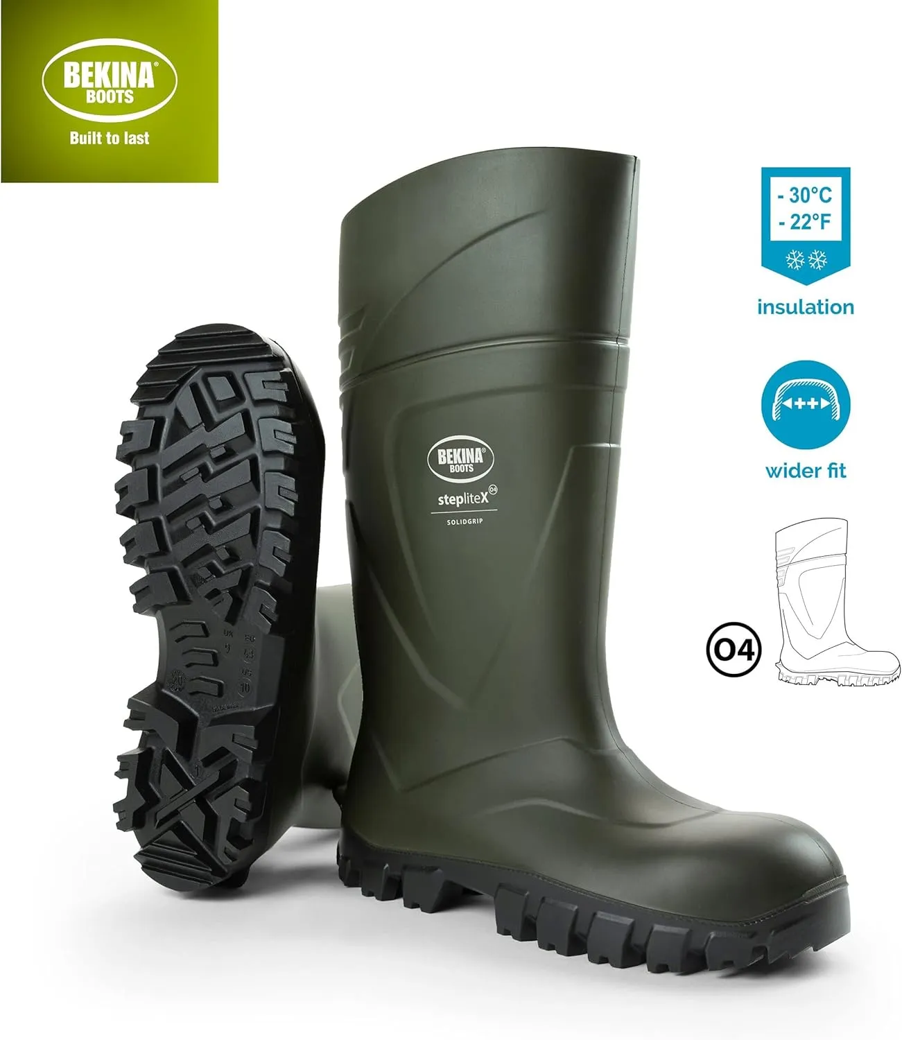 Bekina StepliteX Solidgrip O4 Waterproof Wellington Boots for Men and Women - Lightweight Non Slip Insulated Work Boots with SRC Certified Traction Outsoles