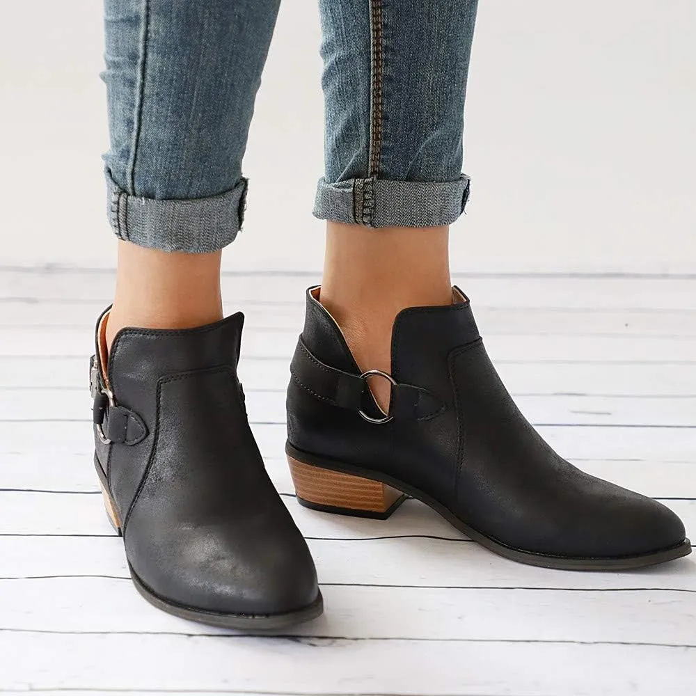 Booties for Women Flat,Womens Ruffled Ankle Boots Low Chunky Block Stacked Heel Boots Slip On Pointed Toe Western Shoes