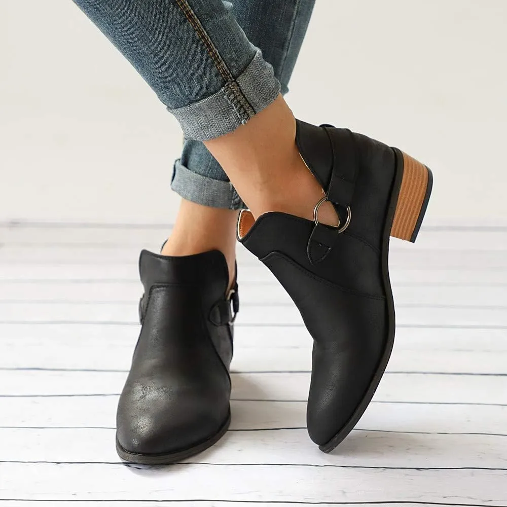 Booties for Women Flat,Womens Ruffled Ankle Boots Low Chunky Block Stacked Heel Boots Slip On Pointed Toe Western Shoes