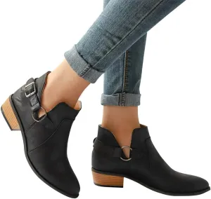 Booties for Women Flat,Womens Ruffled Ankle Boots Low Chunky Block Stacked Heel Boots Slip On Pointed Toe Western Shoes