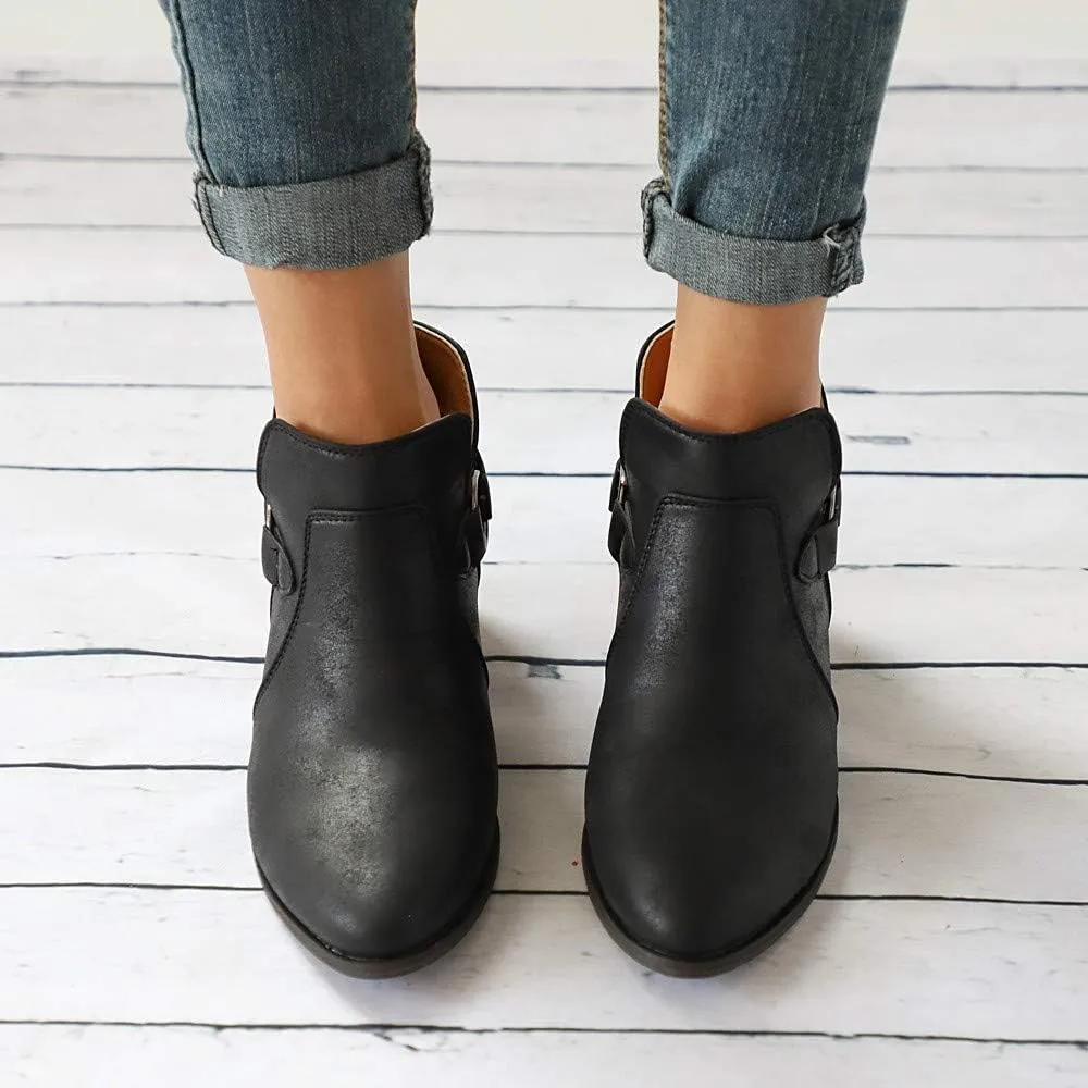 Booties for Women Flat,Womens Ruffled Ankle Boots Low Chunky Block Stacked Heel Boots Slip On Pointed Toe Western Shoes