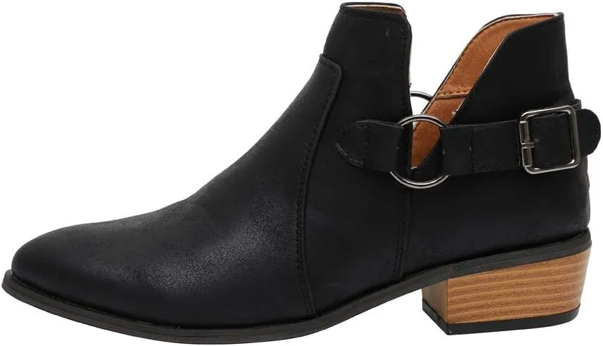 Booties for Women Flat,Womens Ruffled Ankle Boots Low Chunky Block Stacked Heel Boots Slip On Pointed Toe Western Shoes