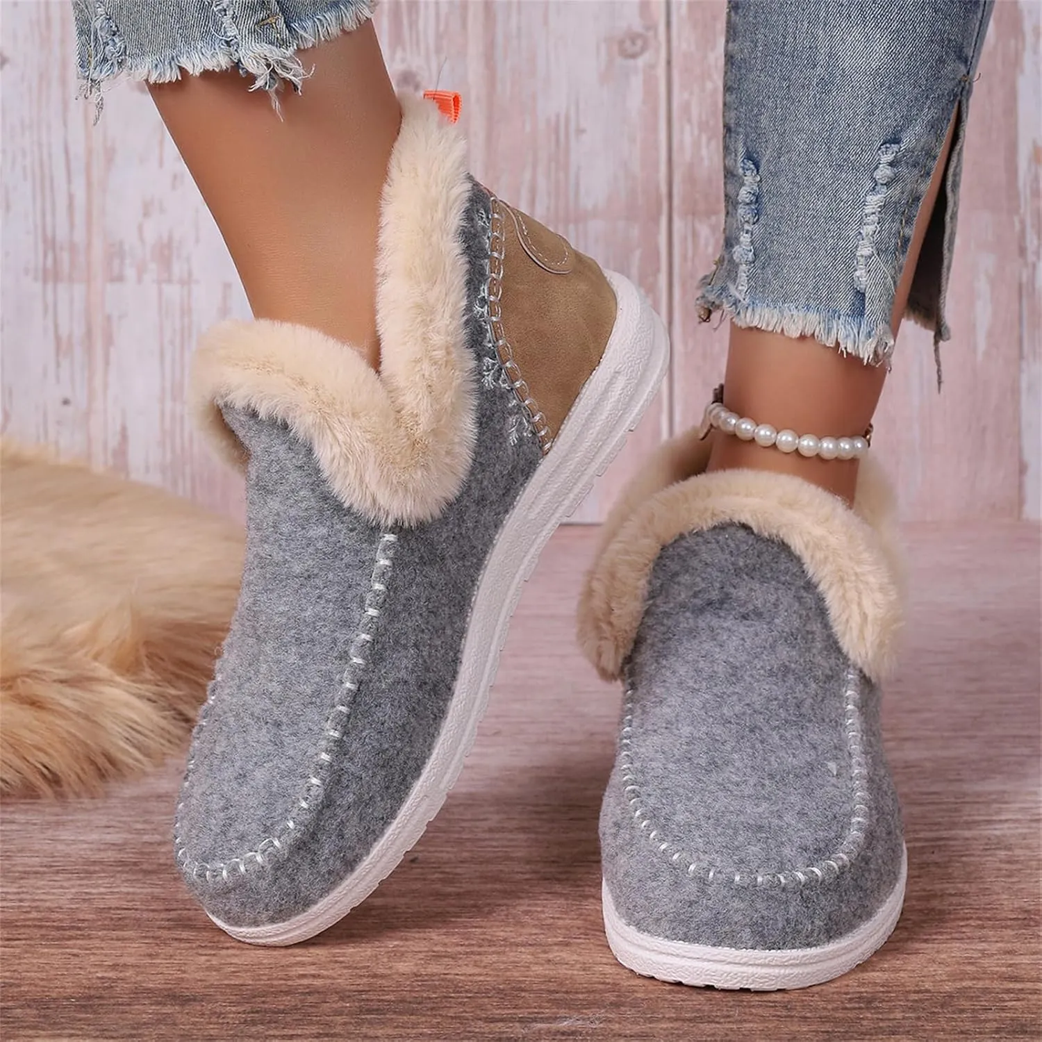 Boots For Women Ankle Booties With Fur Lined Warm Winter Snow Boots Casual Fashion Trendy Comfortable Loafers Shoes