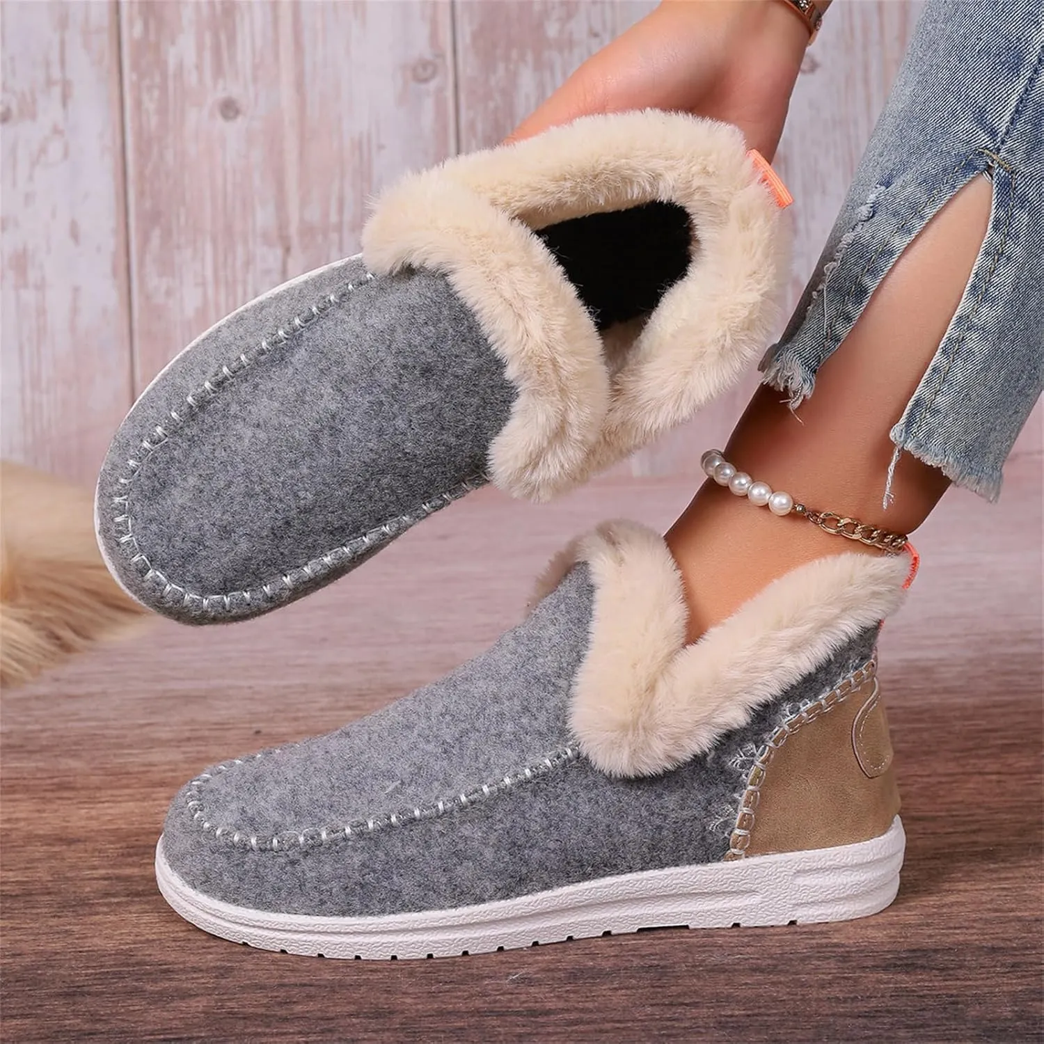 Boots For Women Ankle Booties With Fur Lined Warm Winter Snow Boots Casual Fashion Trendy Comfortable Loafers Shoes