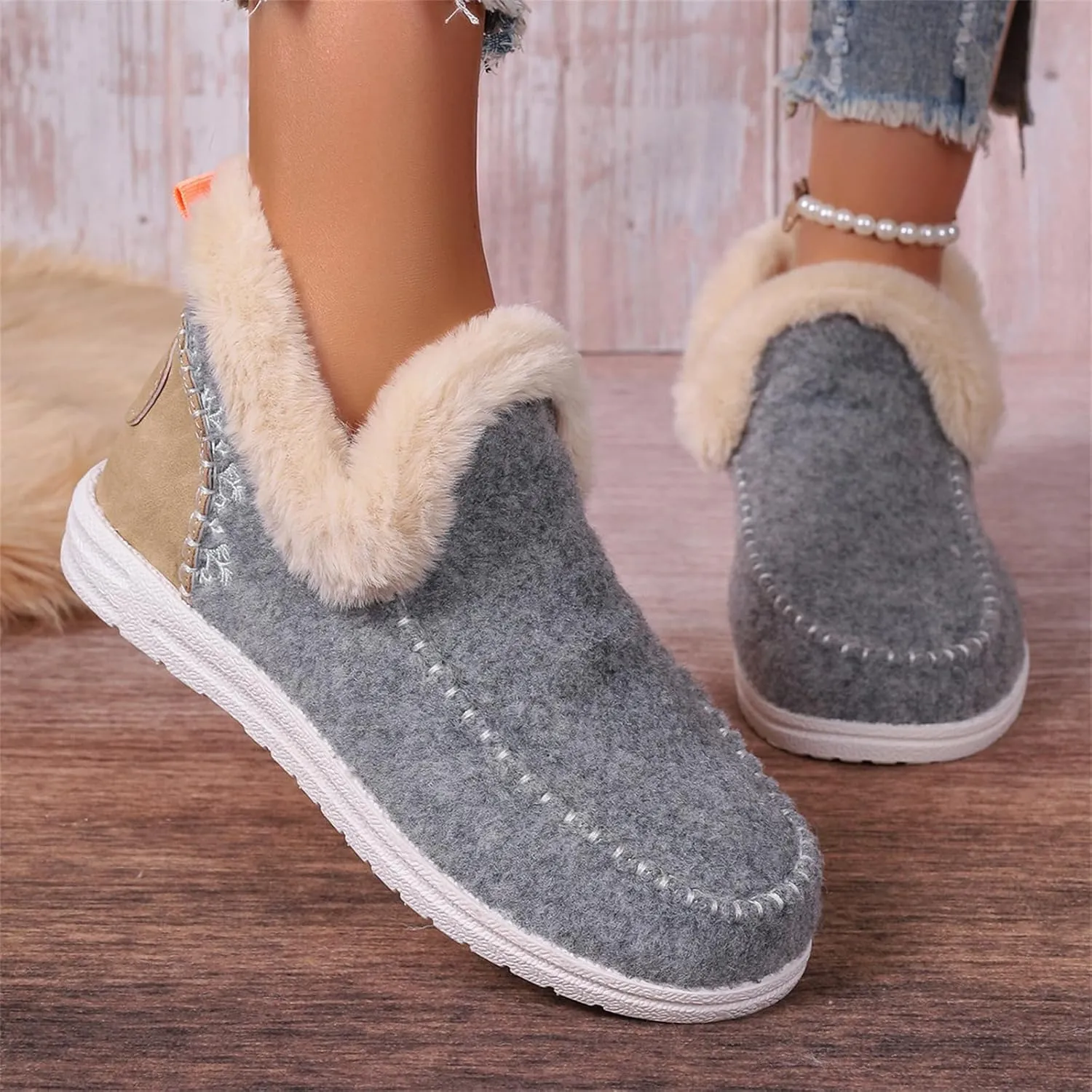 Boots For Women Ankle Booties With Fur Lined Warm Winter Snow Boots Casual Fashion Trendy Comfortable Loafers Shoes