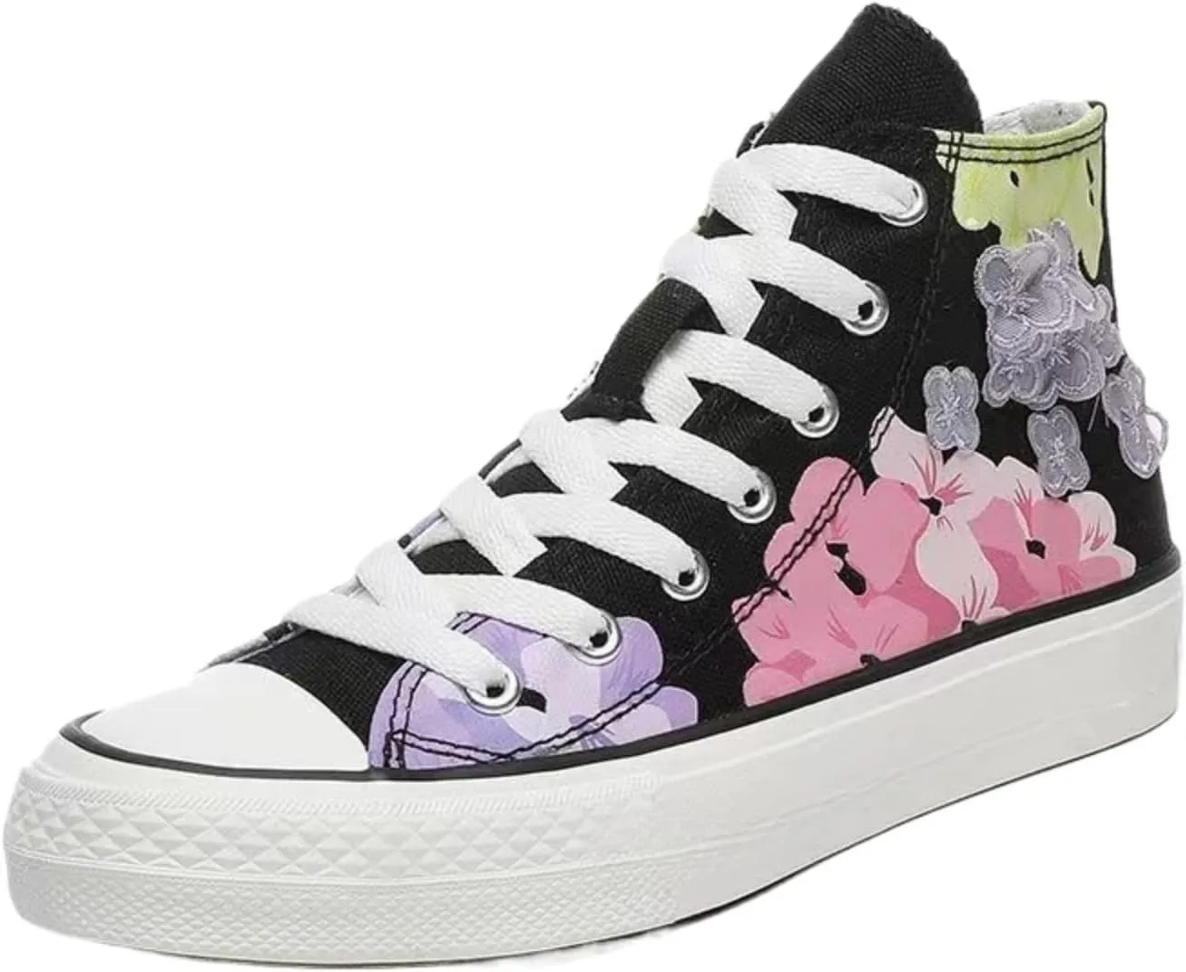 Canvas High Top Sneakers for Women – Floral Print Retro Skate Shoes, Casual Lace-Up Streetwear, Korean Style Art Shoes for Student Girls