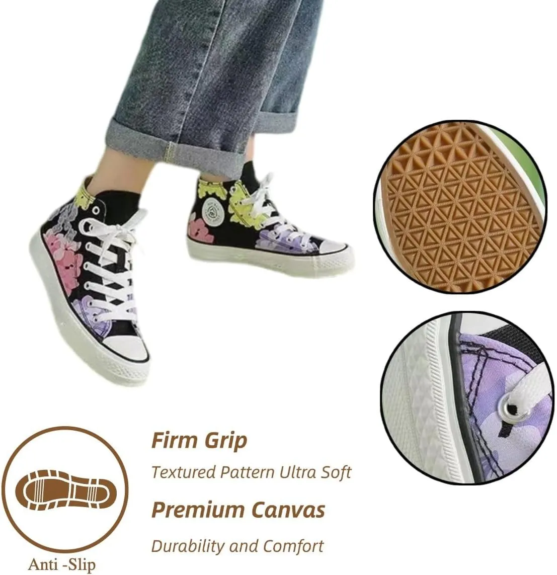 Canvas High Top Sneakers for Women – Floral Print Retro Skate Shoes, Casual Lace-Up Streetwear, Korean Style Art Shoes for Student Girls