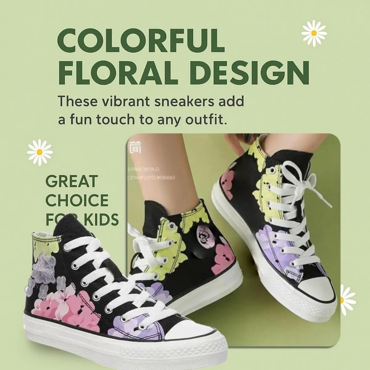 Canvas High Top Sneakers for Women – Floral Print Retro Skate Shoes, Casual Lace-Up Streetwear, Korean Style Art Shoes for Student Girls