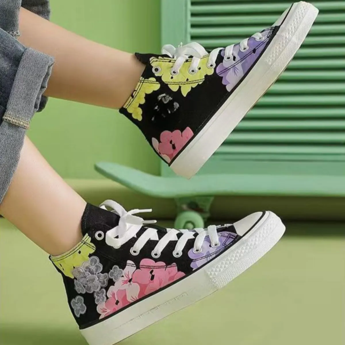 Canvas High Top Sneakers for Women – Floral Print Retro Skate Shoes, Casual Lace-Up Streetwear, Korean Style Art Shoes for Student Girls