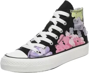 Canvas High Top Sneakers for Women – Floral Print Retro Skate Shoes, Casual Lace-Up Streetwear, Korean Style Art Shoes for Student Girls
