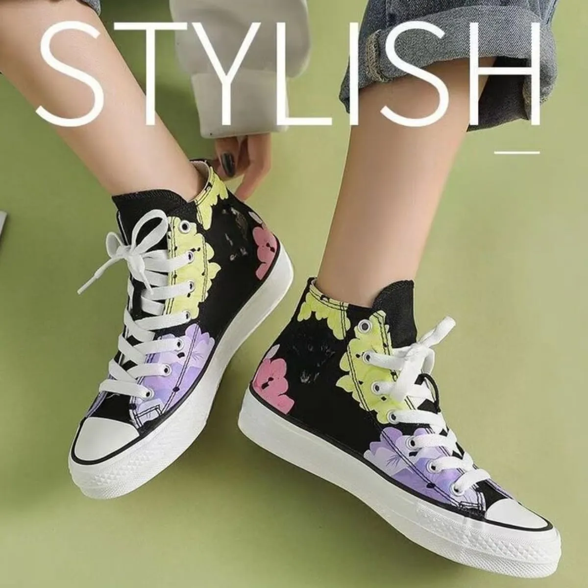 Canvas High Top Sneakers for Women – Floral Print Retro Skate Shoes, Casual Lace-Up Streetwear, Korean Style Art Shoes for Student Girls