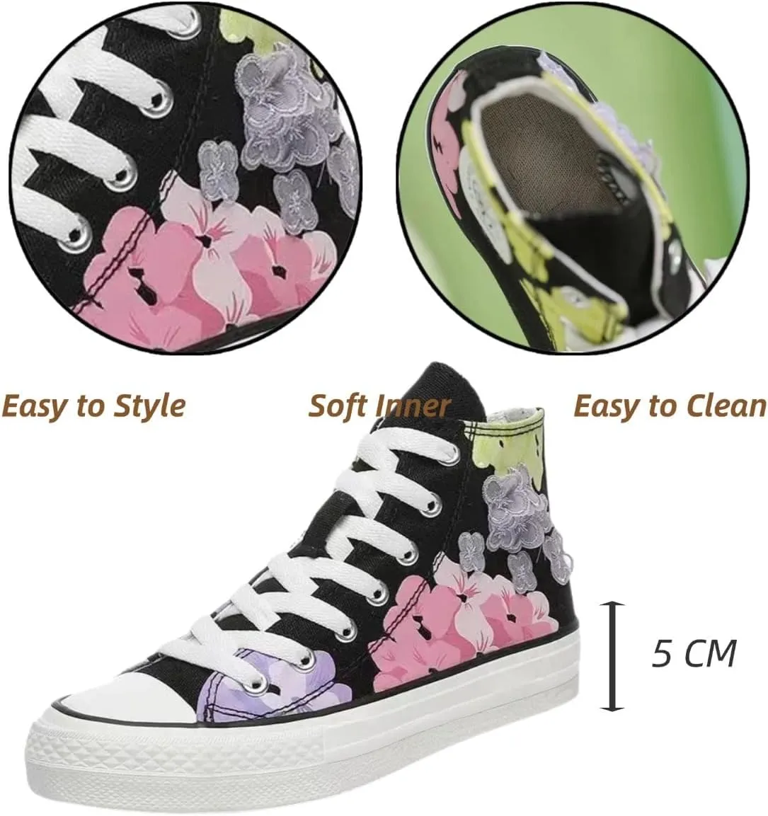 Canvas High Top Sneakers for Women – Floral Print Retro Skate Shoes, Casual Lace-Up Streetwear, Korean Style Art Shoes for Student Girls