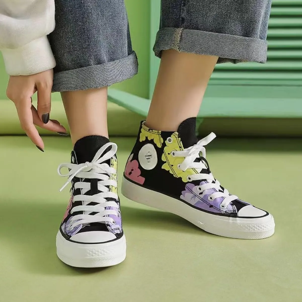 Canvas High Top Sneakers for Women – Floral Print Retro Skate Shoes, Casual Lace-Up Streetwear, Korean Style Art Shoes for Student Girls