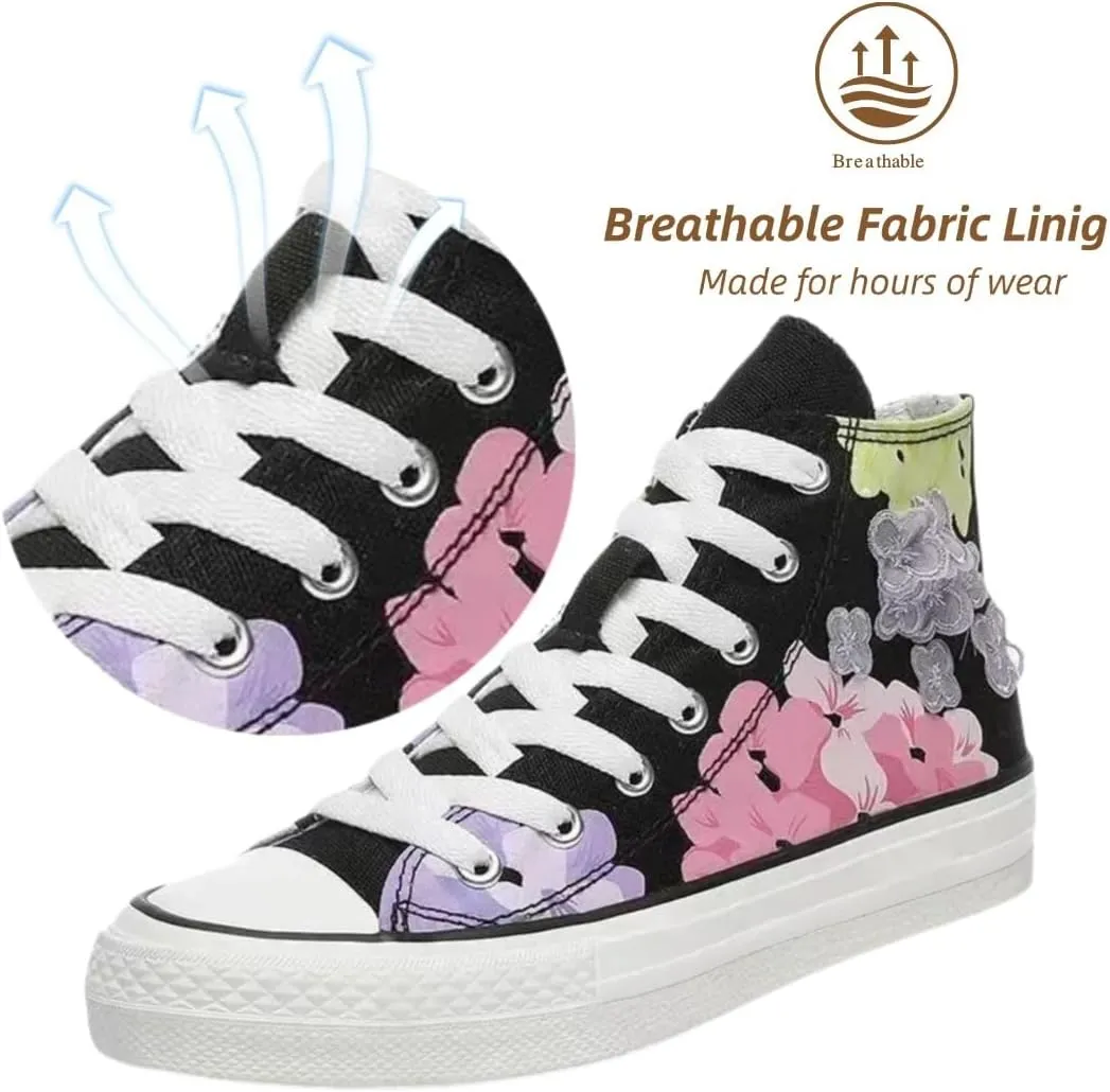 Canvas High Top Sneakers for Women – Floral Print Retro Skate Shoes, Casual Lace-Up Streetwear, Korean Style Art Shoes for Student Girls