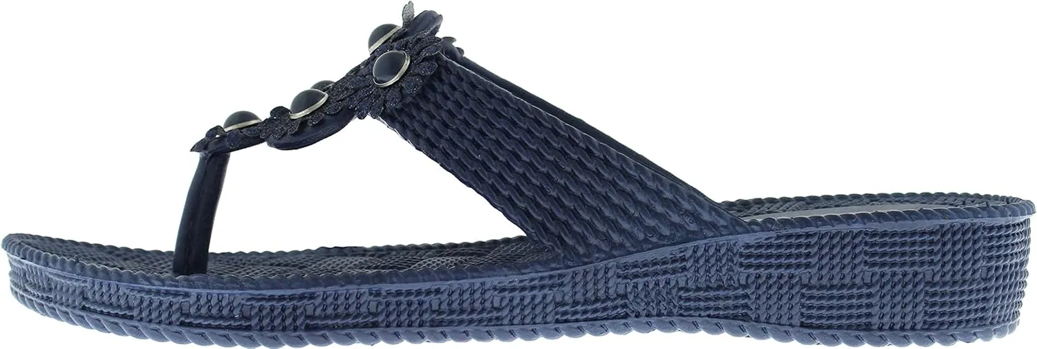 Capelli New York Woven Textured Injected Hooded Thong with Glitter Faux Leather Flowers Ladies Flip Flop