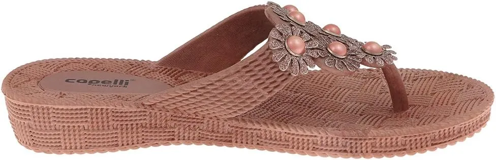 Capelli New York Woven Textured Injected Hooded Thong with Glitter Faux Leather Flowers Ladies Flip Flop