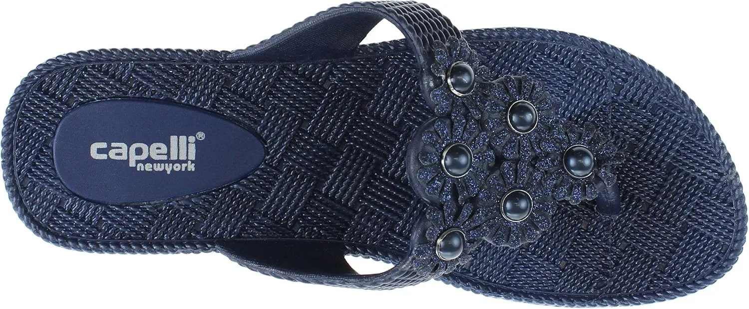 Capelli New York Woven Textured Injected Hooded Thong with Glitter Faux Leather Flowers Ladies Flip Flop