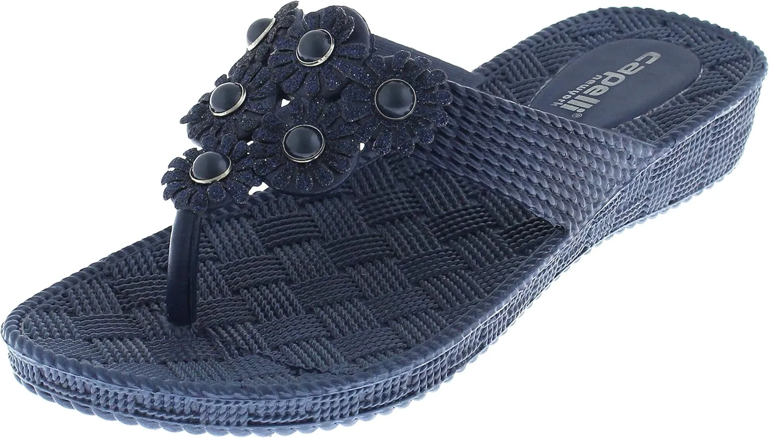 Capelli New York Woven Textured Injected Hooded Thong with Glitter Faux Leather Flowers Ladies Flip Flop