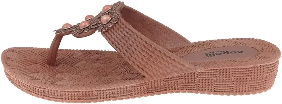 Capelli New York Woven Textured Injected Hooded Thong with Glitter Faux Leather Flowers Ladies Flip Flop