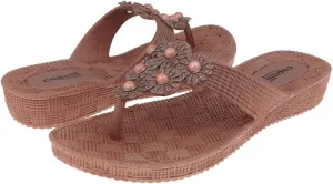 Capelli New York Woven Textured Injected Hooded Thong with Glitter Faux Leather Flowers Ladies Flip Flop