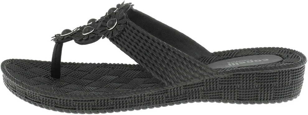 Capelli New York Woven Textured Injected Hooded Thong with Glitter Faux Leather Flowers Ladies Flip Flop