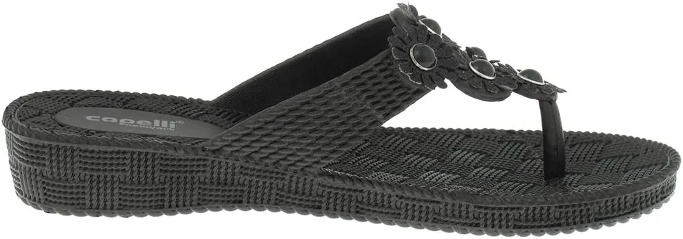 Capelli New York Woven Textured Injected Hooded Thong with Glitter Faux Leather Flowers Ladies Flip Flop