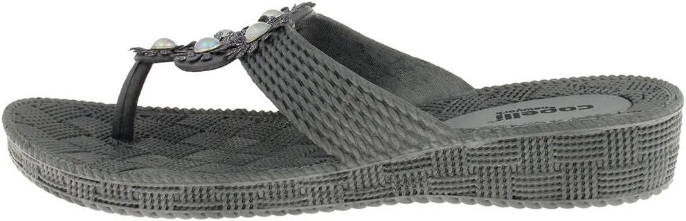 Capelli New York Woven Textured Injected Hooded Thong with Glitter Faux Leather Flowers Ladies Flip Flop