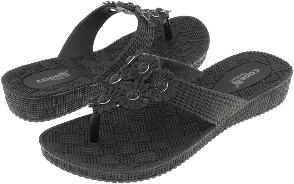 Capelli New York Woven Textured Injected Hooded Thong with Glitter Faux Leather Flowers Ladies Flip Flop