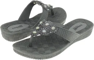 Capelli New York Woven Textured Injected Hooded Thong with Glitter Faux Leather Flowers Ladies Flip Flop