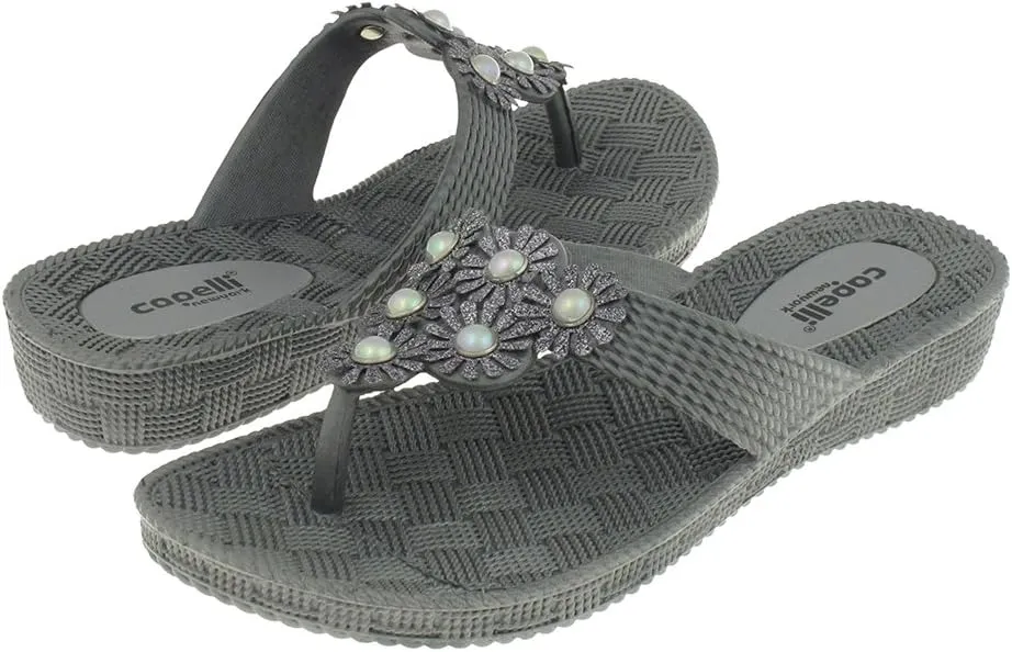 Capelli New York Woven Textured Injected Hooded Thong with Glitter Faux Leather Flowers Ladies Flip Flop