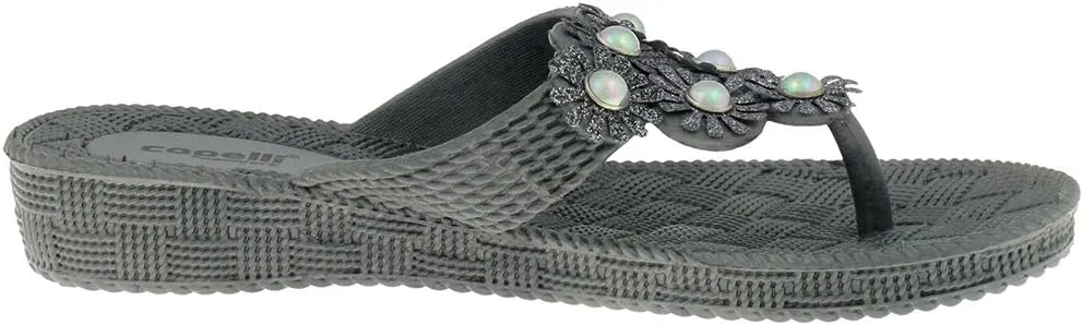 Capelli New York Woven Textured Injected Hooded Thong with Glitter Faux Leather Flowers Ladies Flip Flop