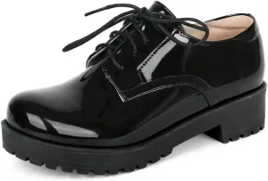 Caradise Womens Patent Platform Wingtip Oxford Block Heel Lace Up Brogues