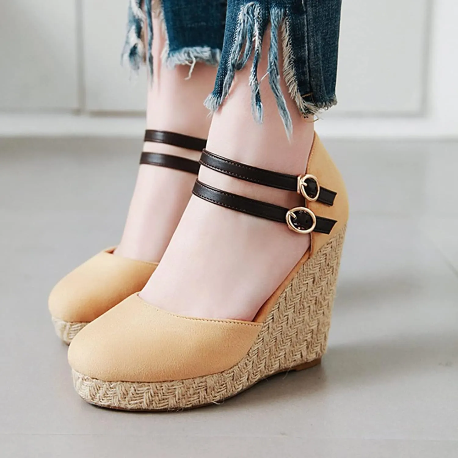 Chunky Sandals For Women Comfortable Non Slip Wedge Sandals Orthopedic Casual Platform Sandal with Double Adjustable Ankle Strap Metal Buckle Ladies Elegant Shoes