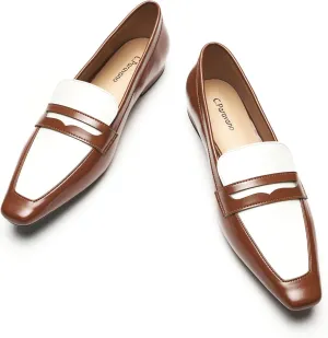 C.Paravano Penny Loafers for Women Formal Dress Square Toe Flats Slip on Loafer Shoes Brown Comfort Loafer for Business Casual Wear(B-Brown,Size 8.5)