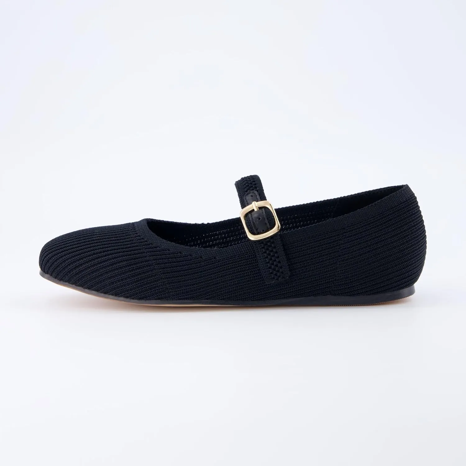CUSHIONAIRE Women's Petal Mary Jane Knit Flat – Stretchy Textured Fabric, Adjustable Strap, Memory Foam, Available in Wide Widths, Comfortable & Lightweight