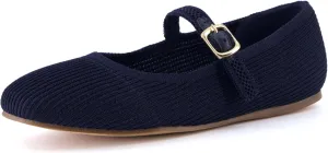 CUSHIONAIRE Women's Petal Mary Jane Knit Flat – Stretchy Textured Fabric, Adjustable Strap, Memory Foam, Available in Wide Widths, Comfortable & Lightweight